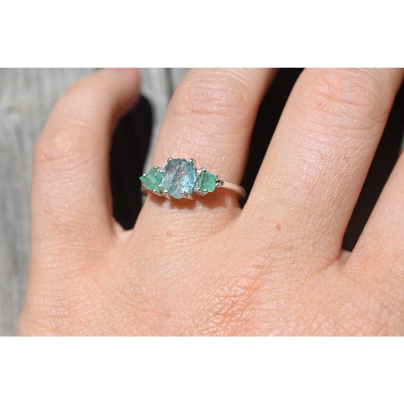 Aquamarine and Emerald engagement ring set size 3 4 5 6 7 8 9 10 11 12 13 - Picture 3 of 3